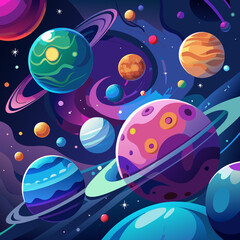 Colorful planets and stars in a vibrant cosmic scene.  A plethora of planets of various sizes and colors orbit in a swirling nebula