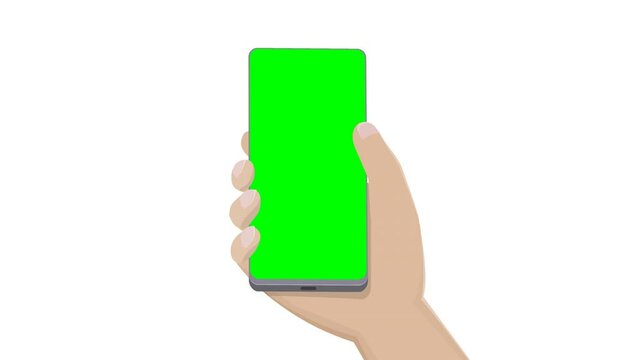 Animation of a hand holding a smartphone with a green screen appearing on a white background with alpha channel and then disappearing in a flat style (landscape)