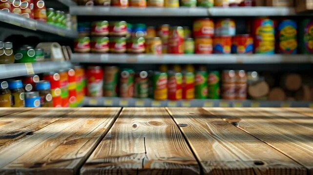 mockup Empty wooden table against the blurred background of the modern kitchen or cellar with shelves on which there are cans of canned vegetables, mushrooms and jam. The concept of autumn harvesting.
