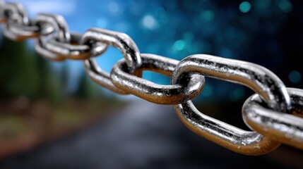 Fototapeta premium Silver Chain Links on Dark Background with Blurred Road Ahead