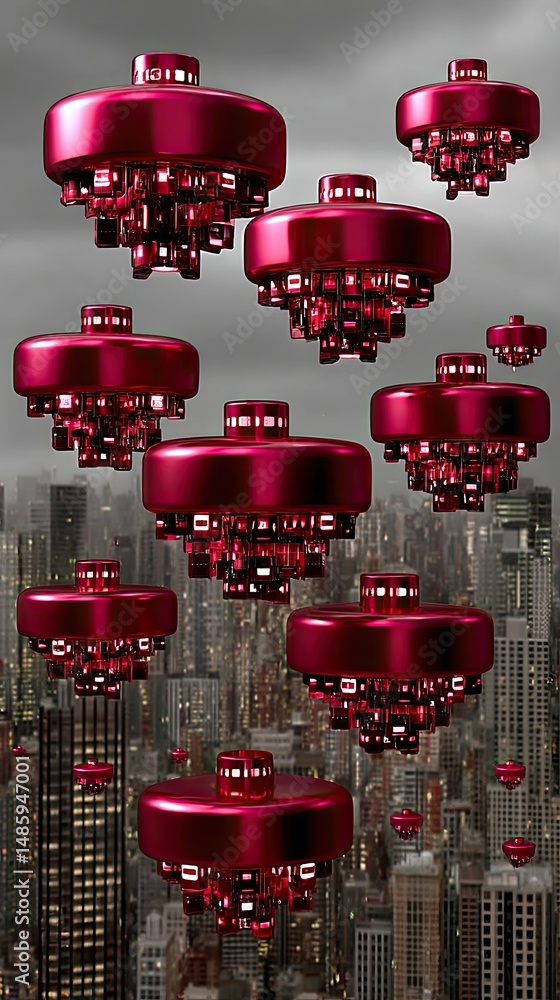 Poster futuristic cityscape with floating red objects in a moody atmosphere above urban skyline and towerin