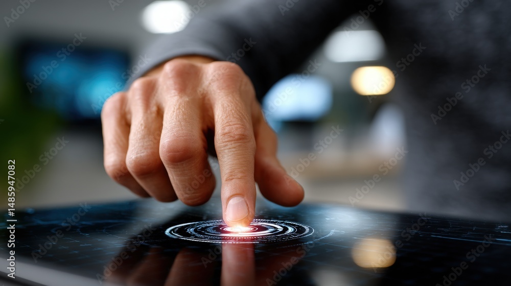 Poster close-up of hand touching interactive digital display with red dot