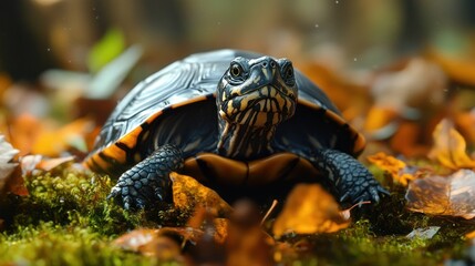 The endangered Swamp Turtle hides among the wet moss and fallen leaves, background wallpaper AI generated image