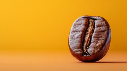 Macro shot of a single roasted coffee bean on orange background surface close-up.