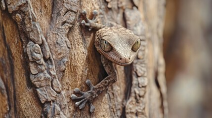 Fototapeta premium The head of the rare Leaf-tailed gecko is perfectly camouflaged behind tree bark. background wallpaper AI generated image