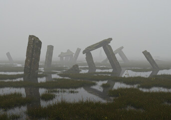 Remains of old Stonehenge in fog.