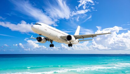 Naklejka premium Airplane in the sky, realistic 3D model of plane flying in the sky, tourism and air travel background