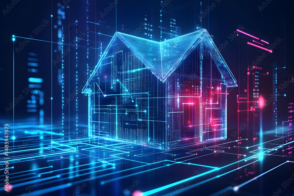 Poster the futuristic network connection technology and big data of a house are highlighted on a vibrant bl