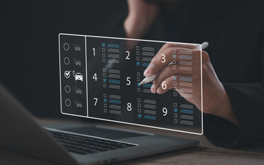 Businessman using digital checklist interface to select electric vehicle, representing smart decision-making, eco-friendly choices, data analysis, car comparison, and digital evaluation process.