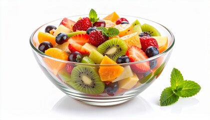 Fruit salad bowl over white background, healthy food diet