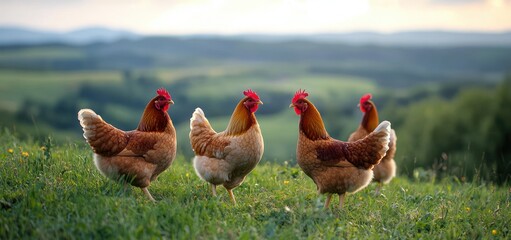 Fototapeta premium Four brown chickens standing and walking on green grassy field with blurred hills and trees in the background during daylight