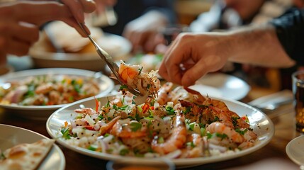 Obraz premium A group of people gather around a table, enjoying a meal with a plate of fried shrimp, garnished with herbs and spices, as the main focus.