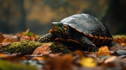 Fototapeta premium The endangered Swamp Turtle hides among the wet moss and fallen leaves, background wallpaper AI generated image