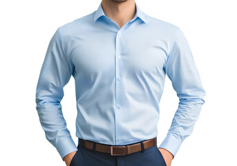 A blue business shirt with no head, a transparent background