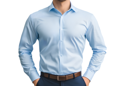A blue business shirt with no head, a transparent background