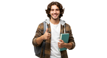 Smiling young handsom long hair student holding a blue book and showing thumb up sign, isolated on transparent background