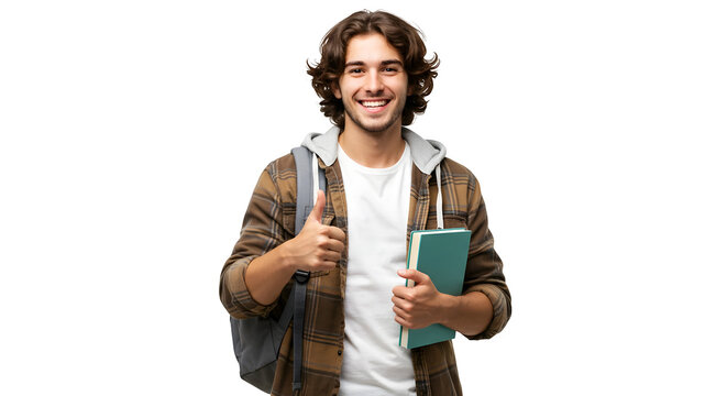 Smiling young handsom long hair student holding a blue book and showing thumb up sign, isolated on transparent background