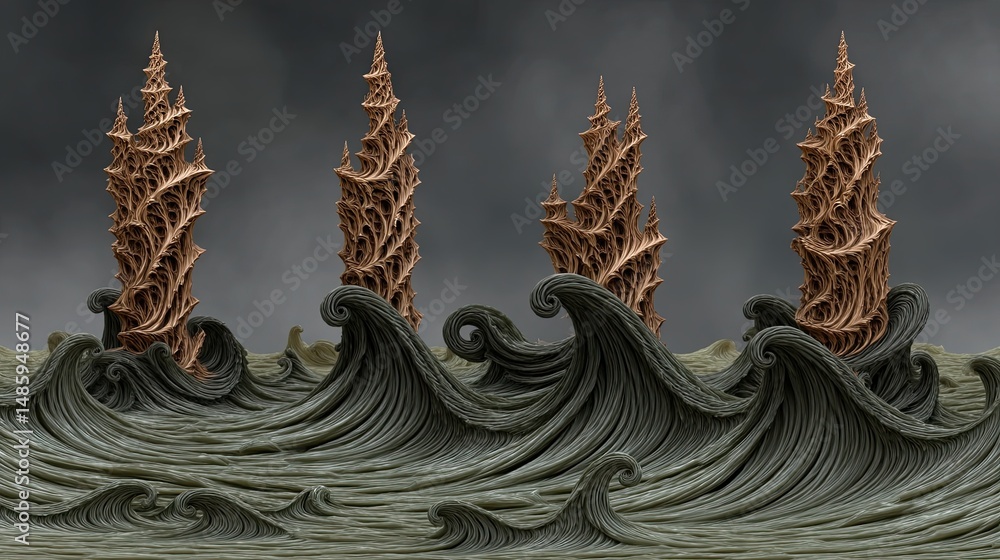 Aufkleber intricate abstract structures emerge from turbulent waves, showcasing a unique blend of nature and a