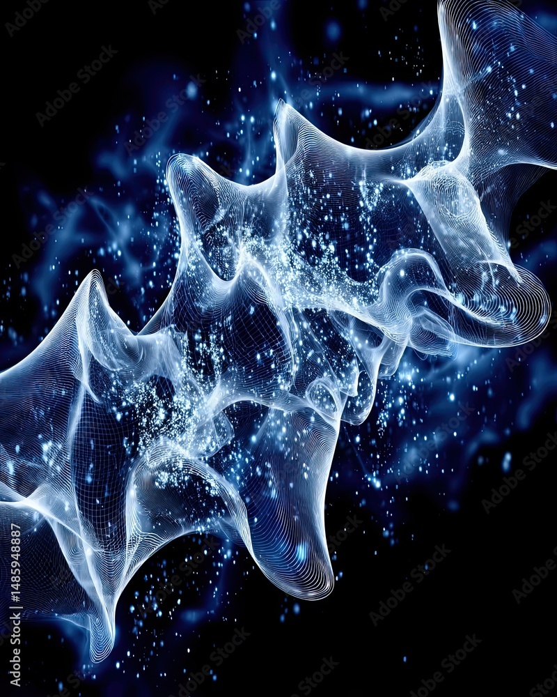 Poster abstract digital wave with glowing particles and flowing patterns in blue tones, evoking technology 