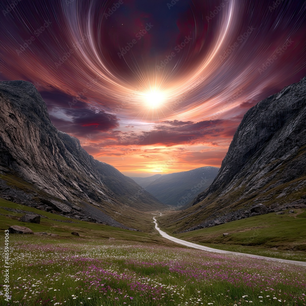 Poster breathtaking view of a serene valley with dynamic skies and ethereal light creating a unique atmosph