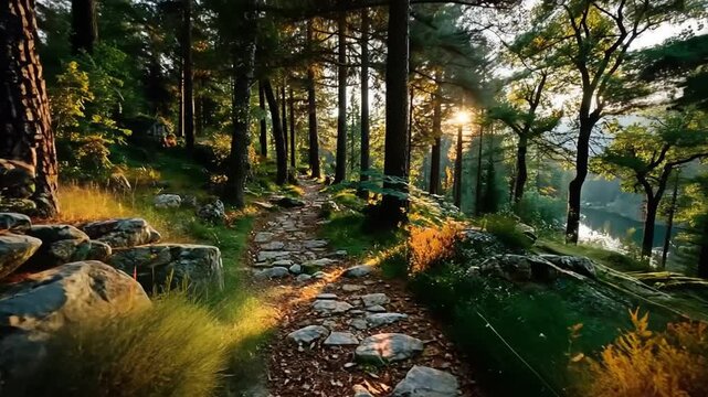 Serene forest path leading to a tranquil lakeside at sunset