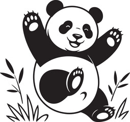 Happy cartoon panda bear with raised arms and bamboo leaves in a simple illustration