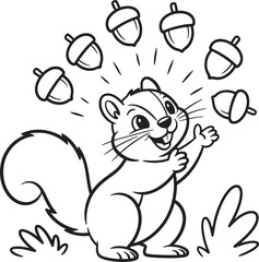 Happy squirrel playing with acorns autumn fun