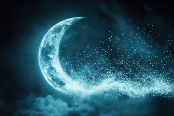 Crescent moon in night sky, celestial dust