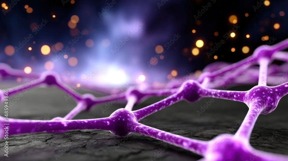 Poster abstract purple molecular structure on dark background with bokeh