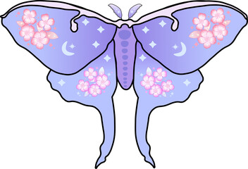 Cute Butterfly with Cherry Blossoms and Stars – Kawaii Aesthetic Clipart