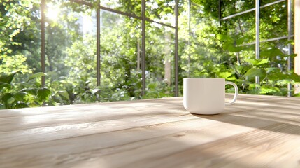 White Mug on Wooden Table Near Greenery
