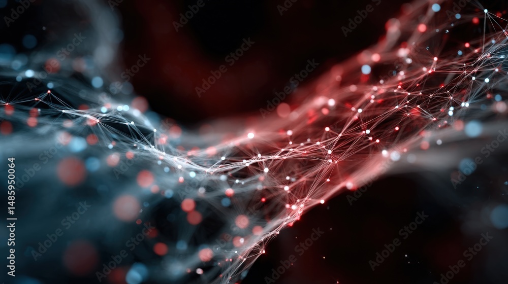 Poster abstract flow of red and blue light with connecting nodes and lines