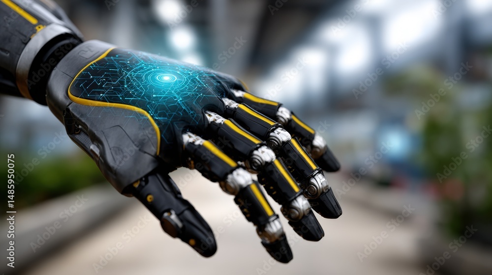 Poster futuristic robotic hand with circuit pattern in modern environment
