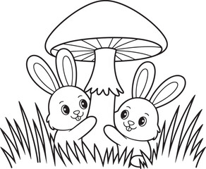 Two cute bunnies near a mushroom in the grass suitable for coloring book pages