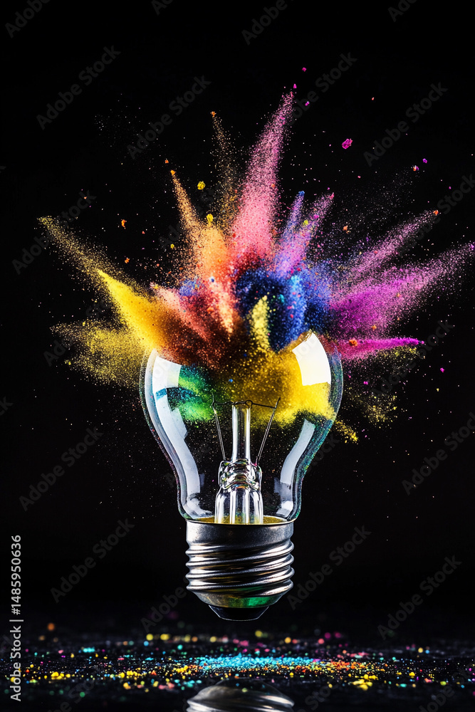 Poster exploding light bulb creates vibrant colorful powder burst generative ai