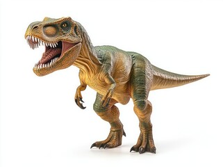 Fototapeta premium Close-up of a fierce roaring dinosaur with sharp teeth and claws standing on two legs against a white background