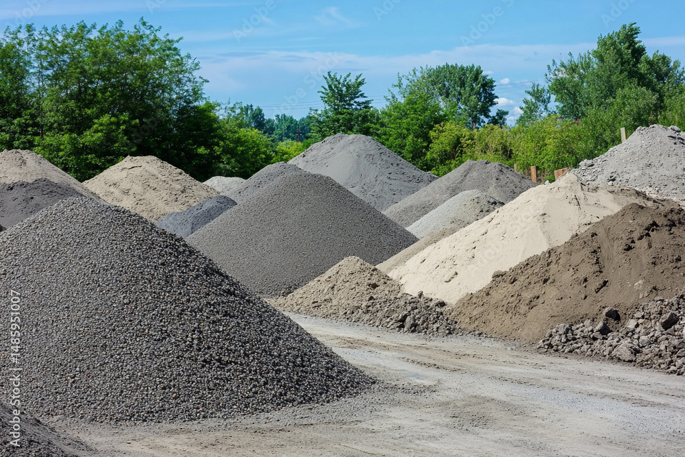 Poster Mounds of construction materials in a quarry setting Generative AI