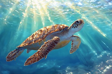 A graceful sea turtle gliding through clear blue water, with sunbeams piercing the ocean surface above. -