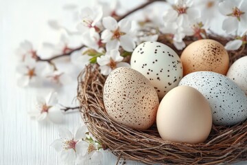 Obraz premium Close-up of a bird's nest filled with smooth and speckled eggs surrounded by delicate white blossoms on a wooden surface evoking a peaceful spring atmosphere