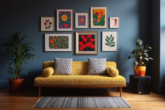 gallery wall mockup with vibrant maximalist illustrations, full of color and pattern, busy visual elements, framed chaotic artwork 8