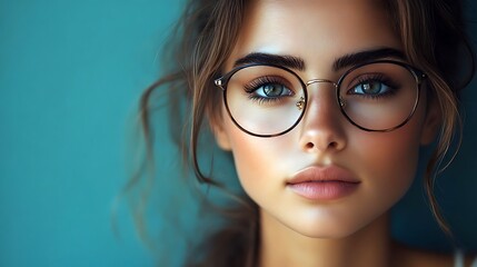Fototapeta premium Intriguing Gaze: A close-up portrait of a young woman with captivating blue eyes, framed by round spectacles and soft, natural makeup. She gazes directly at the camera.