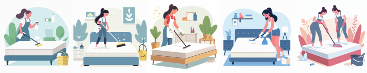 vector woman cleaning bed
