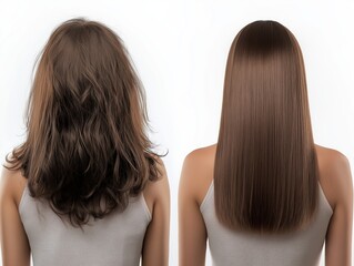 Fototapeta premium On the left is a woman with very sickly, dead, brown hair with dead ends, next to another woman with healthy straight brown hair.