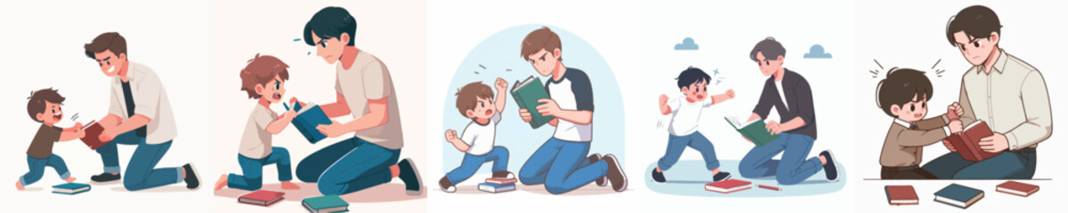 vector of man fighting over book with his little brother