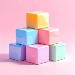 Obraz premium 3D Render of Stacked Pastel Color Cubes Forming a Geometric Pyramid on Soft Pink Background – Minimal Abstract Composition for Modern Design Use