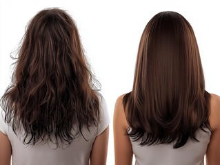 Fototapeta premium On the left is a woman with very sickly, dead, brown hair with dead ends, next to another woman with healthy straight brown hair.