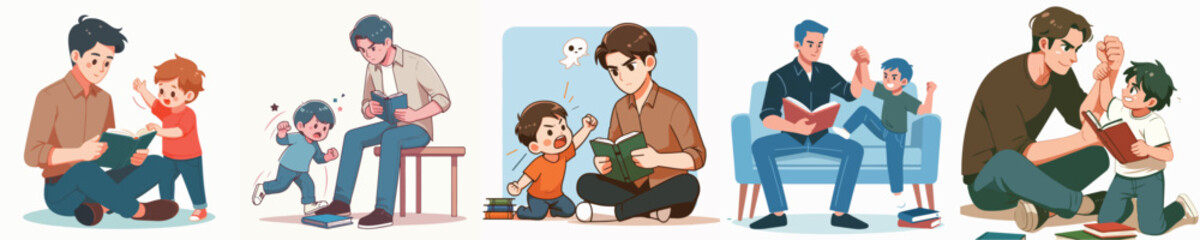 vector of man fighting over book with his little brother