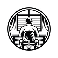 Monochrome Man Back View Silhouette, Sitting at Desk, Window Blinds, Abstract Style