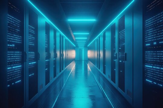Futuristic server room with glowing blue lights