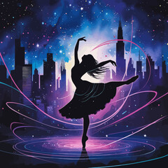 Silhouette Ballerina Dancing in Vibrant City Nightscape Artistic Digital Painting Modern Elegant Graceful Pose Beautiful Night Sky Stars Cityscape Background Dreamlike Fantasy Ballet Dancer Artistic   © Roxxxxxxxxx